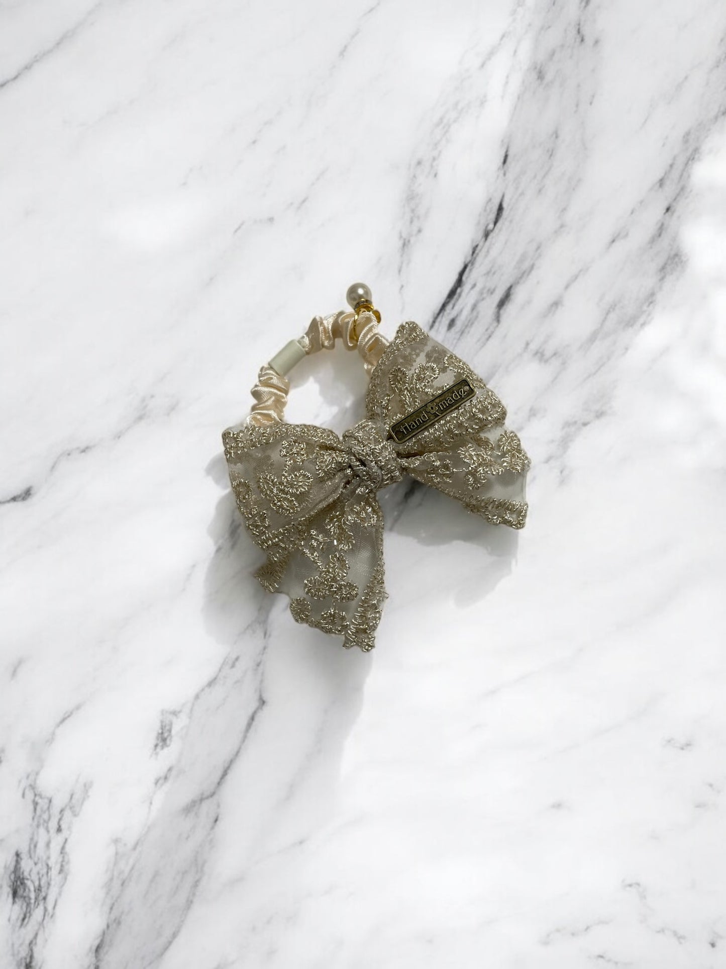 Elegant Black & Creamy Champagne Lace Bow Hair Tie – Handmade with Pearl Charm