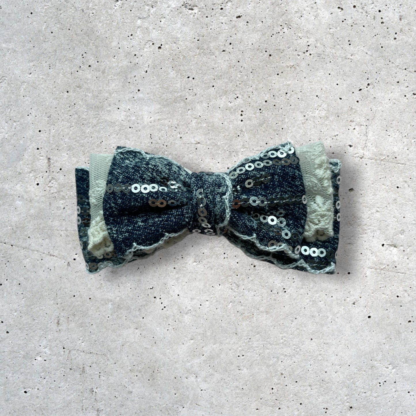 Handmade Sequin Denim Bow Hair Clip – Elegant & Feminine Vintage Glam Style
