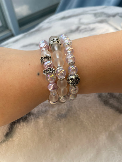 Dream Bracelet Trio – Handmade Beaded Bracelet 3 Piece Set | Iridescent Glass & Matte Frost Beads | Layered Stack Jewelry Gift for Women / 드림 브레이슬릿 트리오 – 핸드메이드 비즈 팔찌 3종 세트 | 오로라 글라스 & 매트 비즈 레이어드 세트