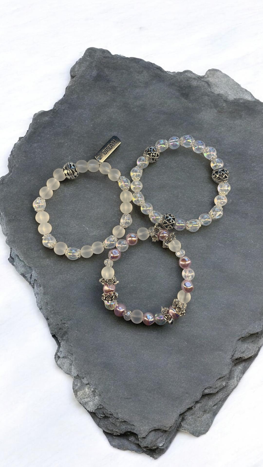 Dream Bracelet Trio – Handmade Beaded Bracelet 3 Piece Set | Iridescent Glass & Matte Frost Beads | Layered Stack Jewelry Gift for Women / 드림 브레이슬릿 트리오 – 핸드메이드 비즈 팔찌 3종 세트 | 오로라 글라스 & 매트 비즈 레이어드 세트