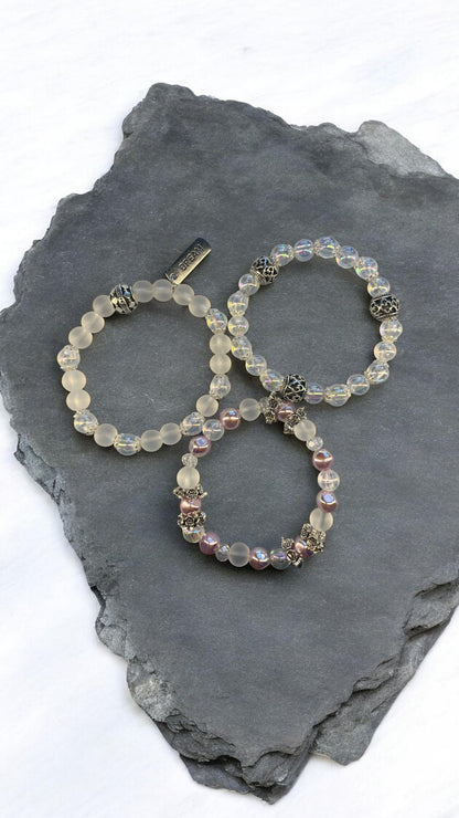 Dream Bracelet Trio – Handmade Beaded Bracelet 3 Piece Set | Iridescent Glass & Matte Frost Beads | Layered Stack Jewelry Gift for Women / 드림 브레이슬릿 트리오 – 핸드메이드 비즈 팔찌 3종 세트 | 오로라 글라스 & 매트 비즈 레이어드 세트