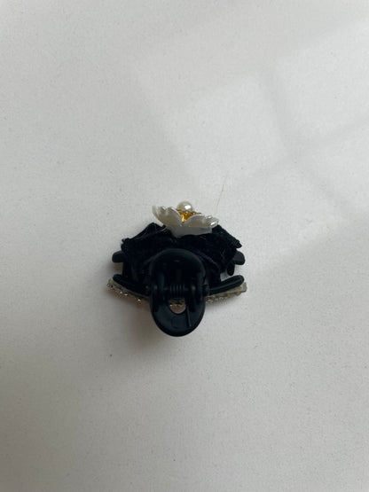 3cm - Elegant Black Flower Hair Claw with Pearl & Rhinestones, Velvet Bow, Handmade Hair Accessory for Parties, Bridal, or Everyday Use