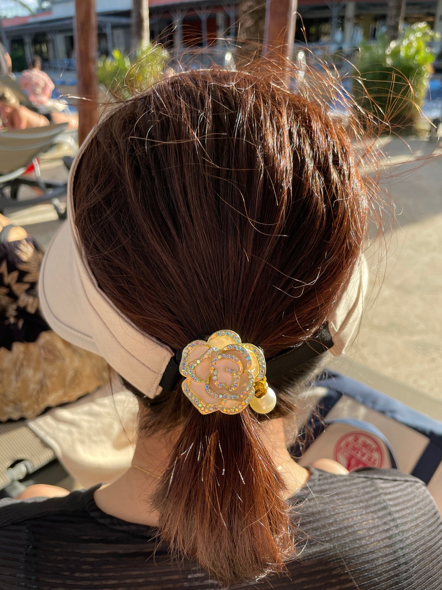 6cm - Elegant Rose Hair Tie, Rhinestone Flower Elastic Hair Band, Pearl and Gold Accent Hair Accessory, Women’s Handmade Hair Tie, Bridal or Party