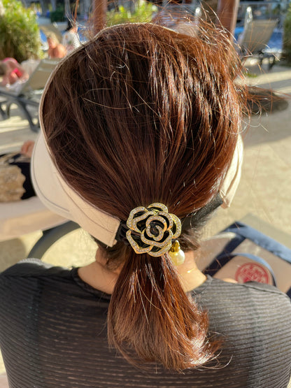 6cm - Elegant Rose Hair Tie, Rhinestone Flower Elastic Hair Band, Pearl and Gold Accent Hair Accessory, Women’s Handmade Hair Tie, Bridal or Party