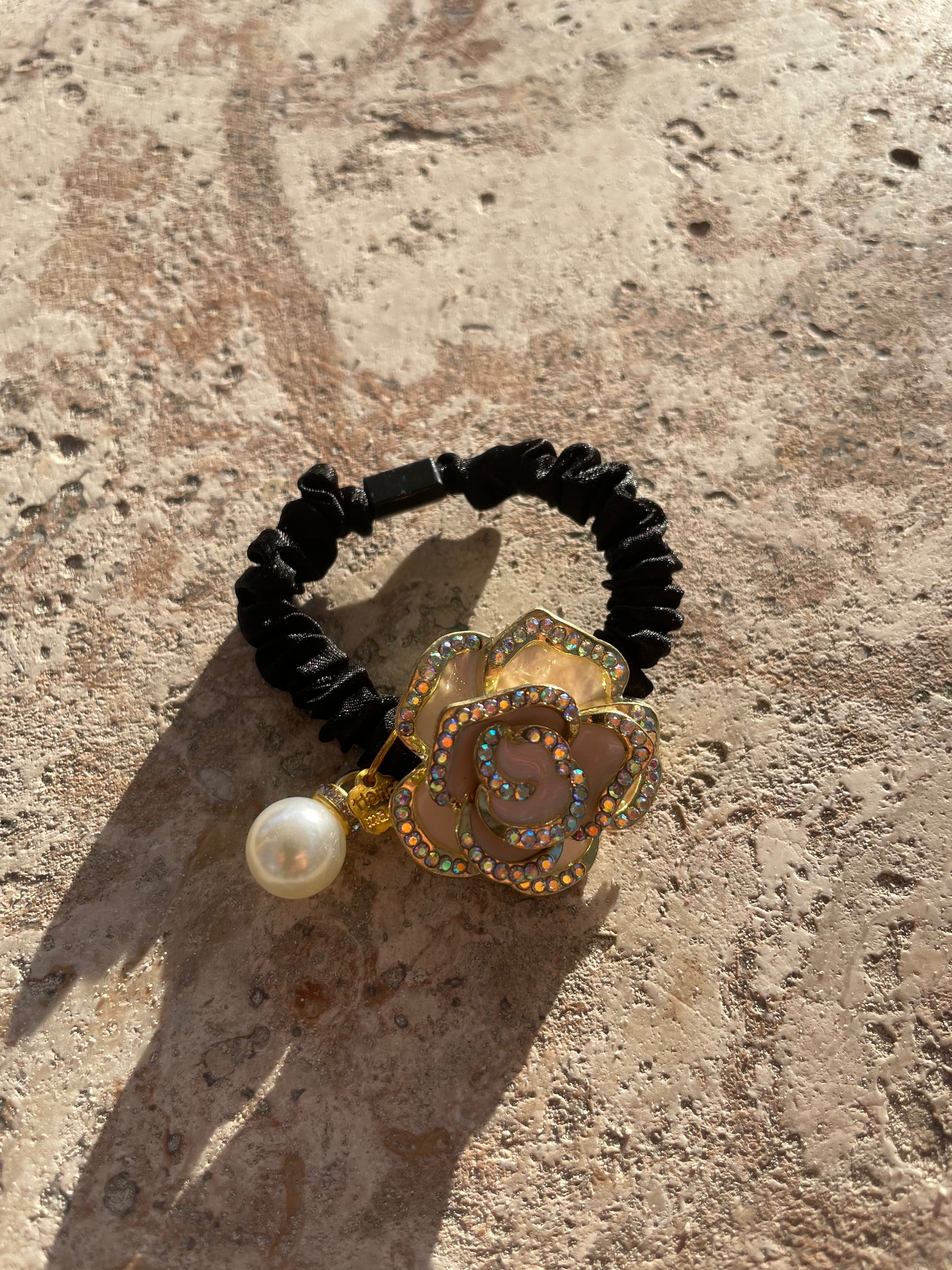 6cm - Elegant Rose Hair Tie, Rhinestone Flower Elastic Hair Band, Pearl and Gold Accent Hair Accessory, Women’s Handmade Hair Tie, Bridal or Party