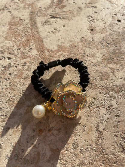 6cm - Elegant Rose Hair Tie, Rhinestone Flower Elastic Hair Band, Pearl and Gold Accent Hair Accessory, Women’s Handmade Hair Tie, Bridal or Party