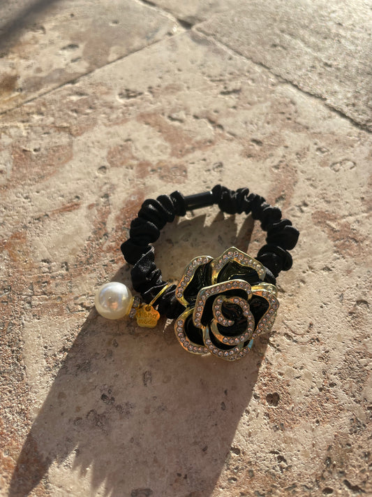 6cm - Elegant Rose Hair Tie, Rhinestone Flower Elastic Hair Band, Pearl and Gold Accent Hair Accessory, Women’s Handmade Hair Tie, Bridal or Party