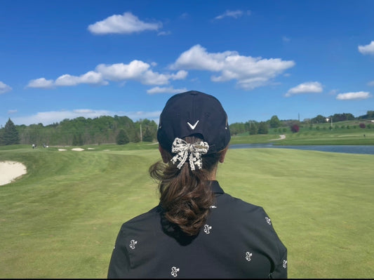 Elegant Black & Creamy Champagne Lace Bow Hair Tie – Handmade with Pearl Charm