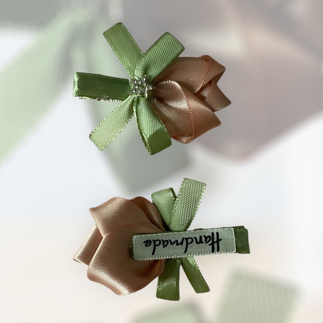 2-Piece Set: Handmade Rose Ribbon Hair Clips – Elegant Floral Barrette for Girls