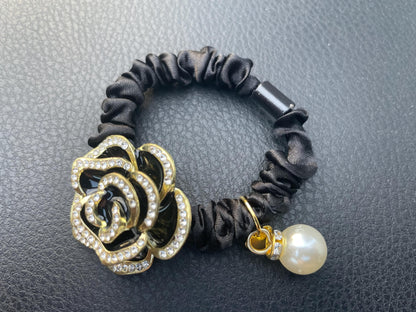 6cm - Elegant Rose Hair Tie, Rhinestone Flower Elastic Hair Band, Pearl and Gold Accent Hair Accessory, Women’s Handmade Hair Tie, Bridal or Party