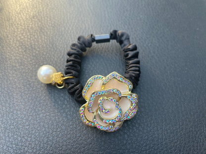 6cm - Elegant Rose Hair Tie, Rhinestone Flower Elastic Hair Band, Pearl and Gold Accent Hair Accessory, Women’s Handmade Hair Tie, Bridal or Party