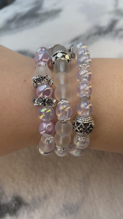 Dream Bracelet Trio – Handmade Beaded Bracelet 3 Piece Set | Iridescent Glass & Matte Frost Beads | Layered Stack Jewelry Gift for Women / 드림 브레이슬릿 트리오 – 핸드메이드 비즈 팔찌 3종 세트 | 오로라 글라스 & 매트 비즈 레이어드 세트